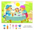 Logic puzzle game for kids. Find 10 objects hidden in the picture. Cute bear family at breakfast. Educational page for children.
