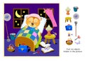 Logic puzzle game for kids. Find 10 objects hidden in the picture. Cute bear sleeps at night. Educational page for children. Play
