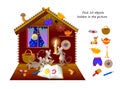 Logic puzzle game for kids. Find 10 objects hidden in the picture. Cute mice read book at night. Educational page for children.