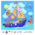 Logic puzzle game for kids. Find 7 objects hidden in the picture. Educational page for children. Developing counting skills. Play