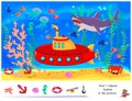 Logic puzzle game for kids. Find 7 objects hidden in the picture. Educational page for children. Developing counting skills. Play