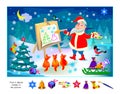 Logic puzzle game for kids. Find 8 objects hidden in the picture. Funny Santa Claus painting winter forest. Educational page. Play