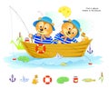 Logic puzzle game for kids. Find 8 objects hidden in the picture. Two cute bears fishing. Educational page for children. Play