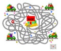 Logic puzzle game with labyrinth for children and adults. Help all lorries deliver food to the shop. Find the way. Worksheet for