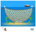 Logic puzzle game with labyrinth for children and adults. Help the fish get out of the fishing nets. Find the way. Worksheet for