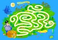 Logic puzzle game with labyrinth for children and adults. Where pirate has lost the key to treasure chest? Help him find the way. Royalty Free Stock Photo