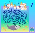 Logic puzzle game with labyrinth for children and adults. Which cat has caught the fish? Vector cartoon image.