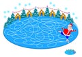 Logic puzzle game with labyrinth for children and adults. Winter maze with skating rink. Which gate does Santa Claus come out?