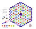 Logic puzzle game with labyrinth for kids. Find regularity and join flowers so to get in the center of honeycombs. Draw the line.