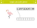 Logic puzzle game. Learning words flamingo in english. Find the hidden name. Activity page for study English. Game for children. Royalty Free Stock Photo