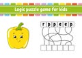 Logic puzzle game. Learning words for kids. Vegetable pepper. Find the hidden name. Worksheet, Activity page. English game.