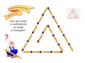 Logic puzzle game with matches for children and adults. Can you move 2 matchsticks to make 2 triangles? Printable page for brain
