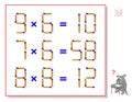 Logic puzzle game with matches. In each task move only 1 matchstick to make equations correct. Math tasks on multiplication. Page