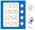 Logic puzzle game with matches. In each task need to move only 2 matchsticks so the time corresponds to clocks. Brain teaser book