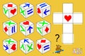 Logic puzzle game. Need to find 8 identical cubes and draw their pattern. Which of cubes differs from others?