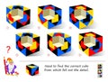 Logic puzzle game for smartest. Find the correct cube from which fell out the detail. Printable page for brain teaser book. Royalty Free Stock Photo