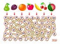 Logic puzzle game for study English with labyrinth. Find the way from each fruit and join letters so you can read the words.