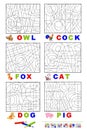 Logic puzzle game for study English language with maze. Find letters and paint them. Read the words. Learn names of animals.