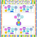 Logic puzzle for kids. Find the correct set of flower vase. Preschool worksheet activity. Vector illustration Royalty Free Stock Photo