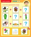 Logic puzzle for kids. Matching game, education game for children. Match the right object. Worksheet vector design for