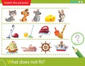 Logic puzzle for kids. What does not fit? Animals. Tools for cleaning and housework. Water transport. Education game for children