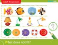 Logic puzzle for kids. What does not fit? Aquarium fish. Table lamps. Buttons. Education game for children. Worksheet vector