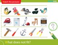 Logic puzzle for kids. What does not fit? Birds. Electrical appliances. Household tools. Education game for children. Worksheet