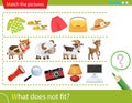 Logic puzzle for kids. What does not fit? Clothing. Farm animals. Electrical appliances. Education game for children. Worksheet