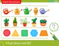 Logic puzzle for kids. What does not fit? Flower watering cans. Cactuses. Geometric shapes: polygons. Education game for children