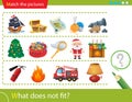 Logic puzzle for kids. What does not fit? Pirates. New year and Christmas. Fire fighting. Matching game, education game for