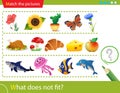 Logic puzzle for kids. What does not fit? Plants. Food or foodstuff. Fish. Education game for children. Worksheet vector design