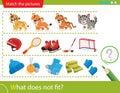 Logic puzzle for kids. What does not fit? Wild animals. Hockey sports equipment. Knitted clothing. Education game for children.