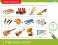 Logic puzzle for kids. What does not fit? Winter active recreation. Paints. Musical instruments. Education game for children.