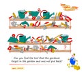 Logic puzzle for smartest. Can you find the tool that the gardener forgot in the garden and was not put back? Educational game.