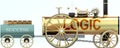 Logic and success - symbolized by a retro steam car with word Logic pulling a success wagon loaded with gold bars to show that