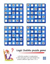 Logic Sudoku puzzle game for children. Write the numbers in empty places so that each figure and each straight line contains