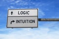 Logic versus intuition. White two street signs with arrow on metal pole. Directional road. Crossroads Road Sign, Two Arrow. Blue Royalty Free Stock Photo