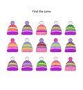 Logic visual puzzle for kids find the same hat