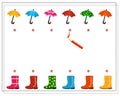 A logical game for children, find a pair for an umbrella and a boot with the same pattern. Vector