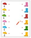 A logical game for children, find a pair for an umbrella and a boot with the same pattern. Vector