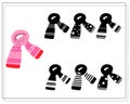 A logical game for children. find the right shade, a pink winter scarf with an ornament. vector