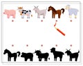 A logical game for children to find the right shadow. Find shade for cute farm animals, goat, sheep, pig, cow, horse. Royalty Free Stock Photo