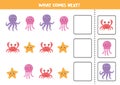 Logical game with sea crab, octopus, jelly fish and starfish. Continue the sequence