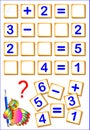 Logical math exercises for kids. Need to find the missing details, solved examples and write the numbers in relevant places.