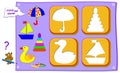 Logical puzzle game for baby coloring book. Find the place for each object and paint correctly. Worksheet for kids textbook.