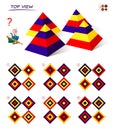 Logical puzzle game for children and adults. Find the correct top view of the pyramids. Printable page for kids brain teaser book.