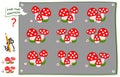 Logical puzzle game for children and adults. Find two identical images of mushrooms. Printable page for brainteaser book.