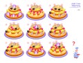 Logical puzzle game for children and adults. Need to find two identical cakes. Educational page for kids. IQ training test. Royalty Free Stock Photo