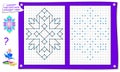 Logical puzzle game for kids on square paper. Repeat the image by example, connect the dots with straight lines.