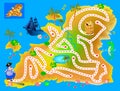 Logical puzzle game with labyrinth for children and adults. Help pirate find way in treasure island till buried gold. Royalty Free Stock Photo